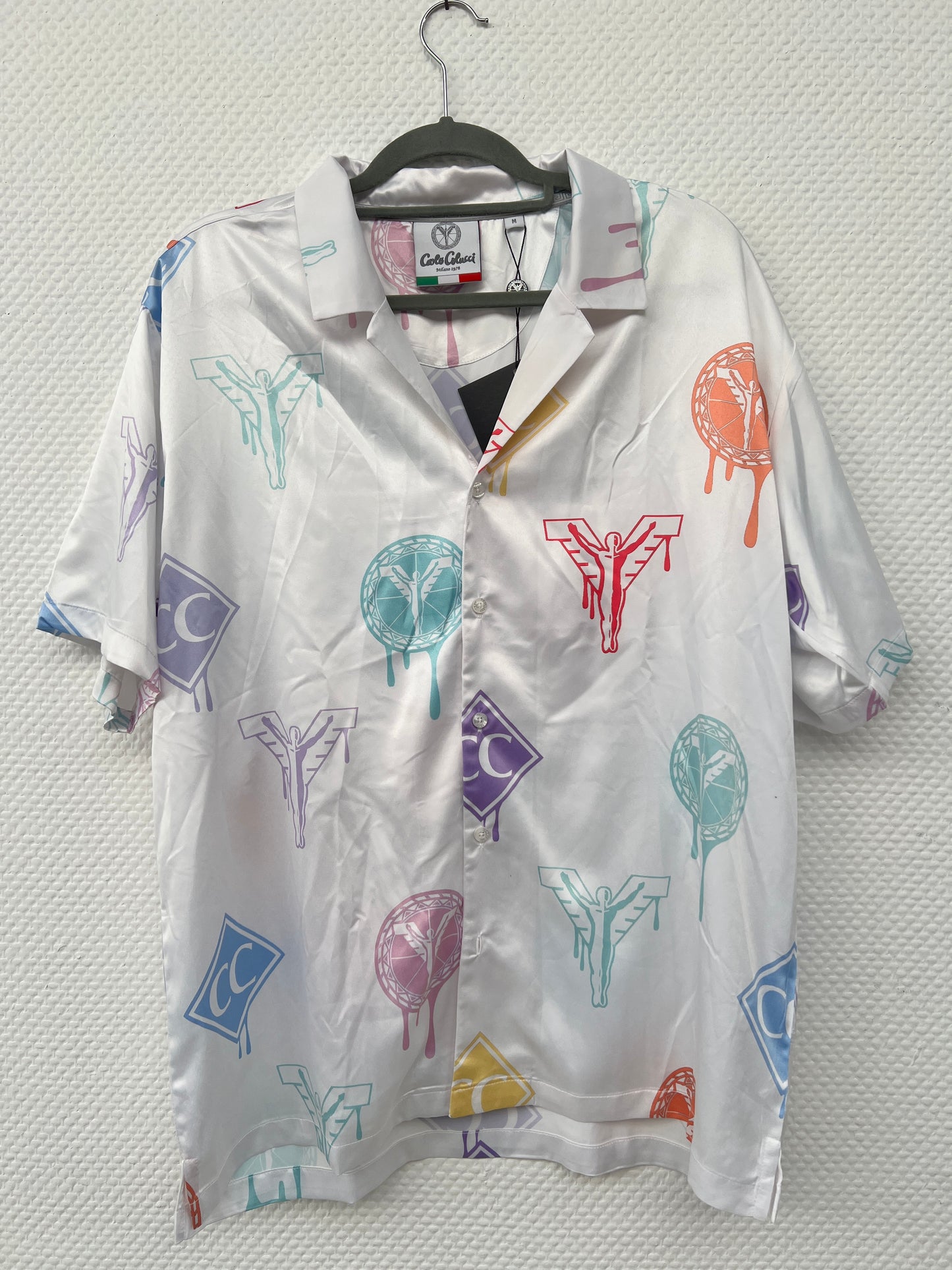 (83) Carlo Colucci Satin Hemd weiß-bunt Gr. M/L