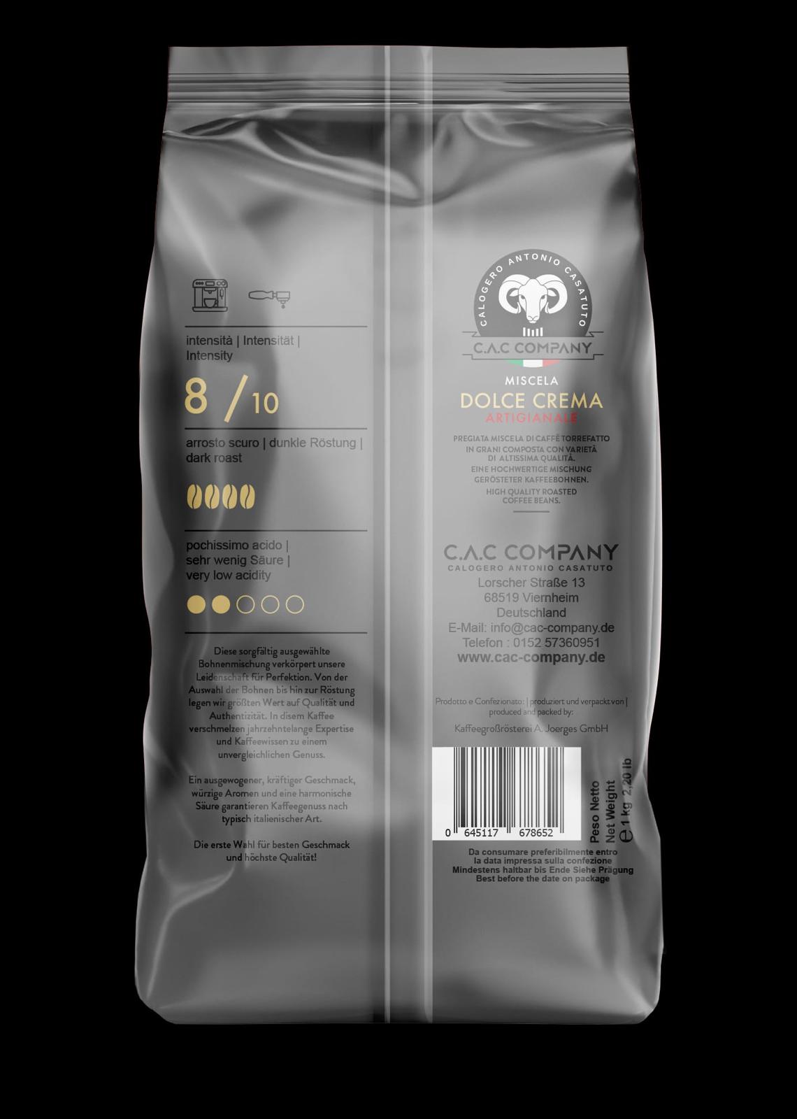 PREMIUM KAFFEE C.A.C Company Dolce Cafe Crema Kaffee 1KG wenig Säure grau