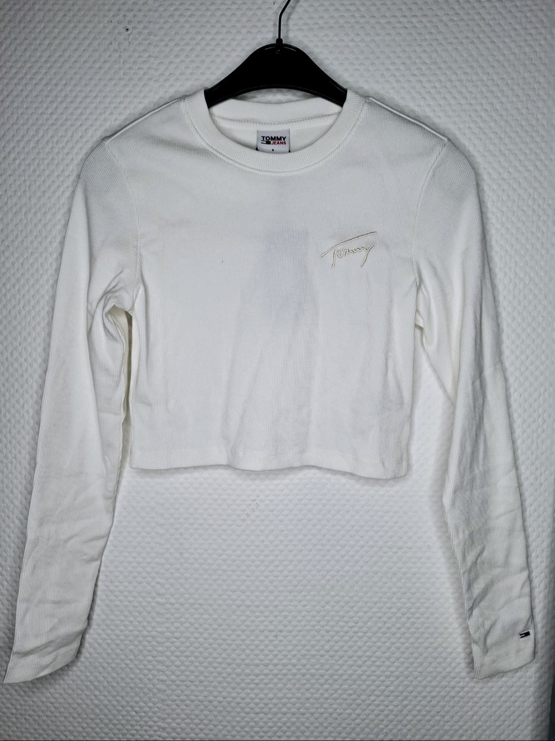 (32) Tommy Hilfiger Langarmshirt Damen weiß crop kurz