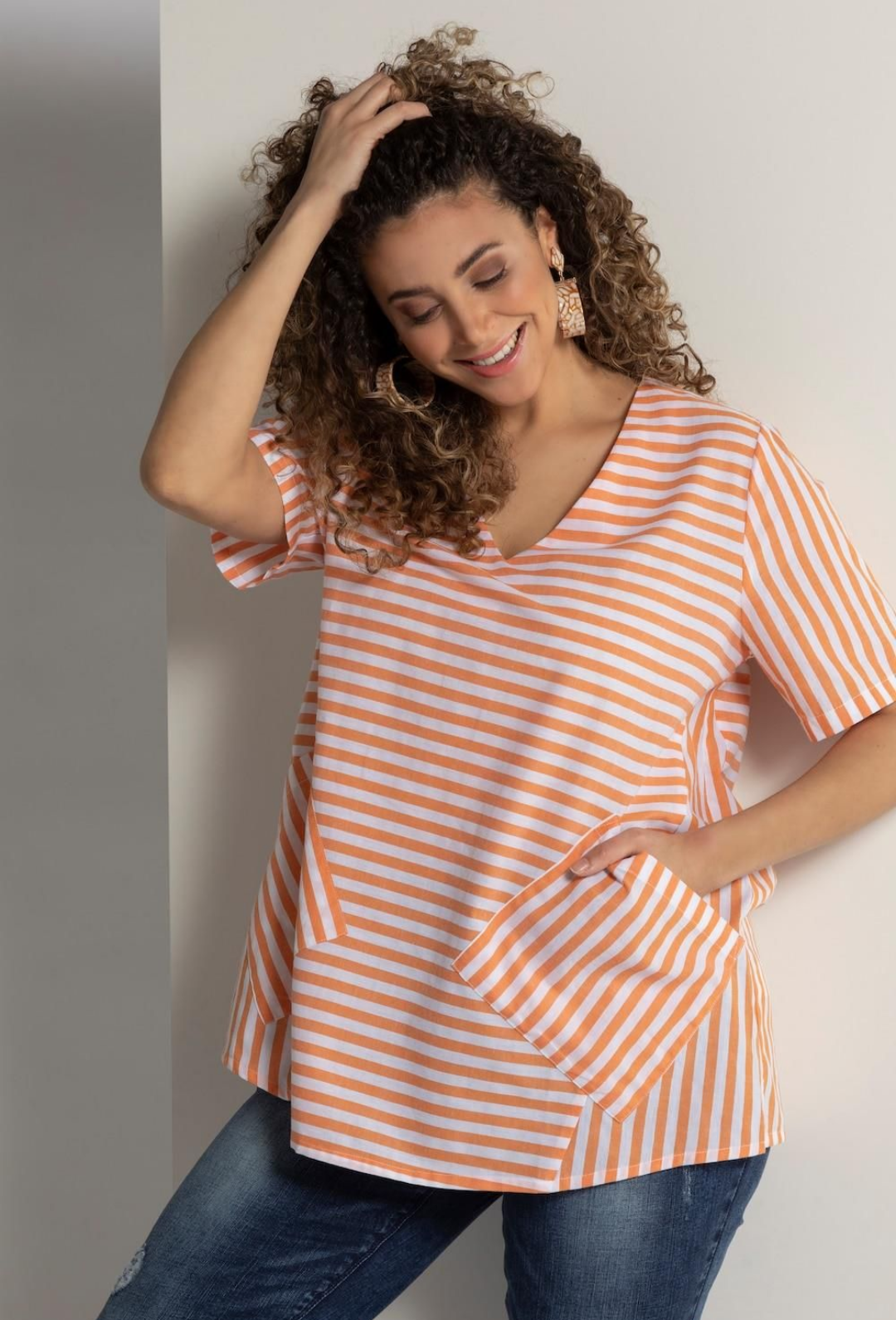 (U24) Ulla Popken Bluse Orange/weiß gestreift 794054 650