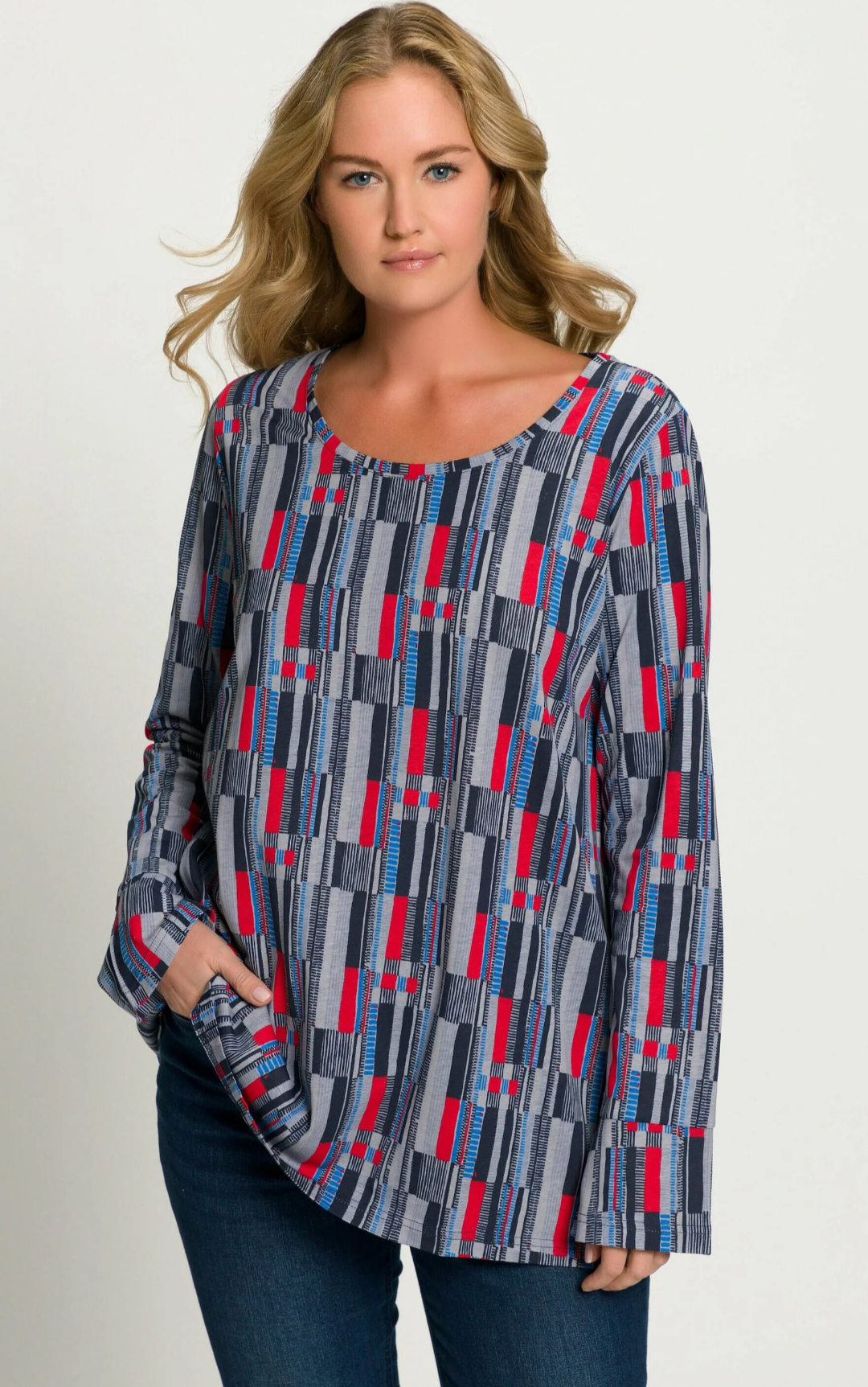 (U29) Ulla Popken Langarmshirt Blau/Rot Muster 810956 130