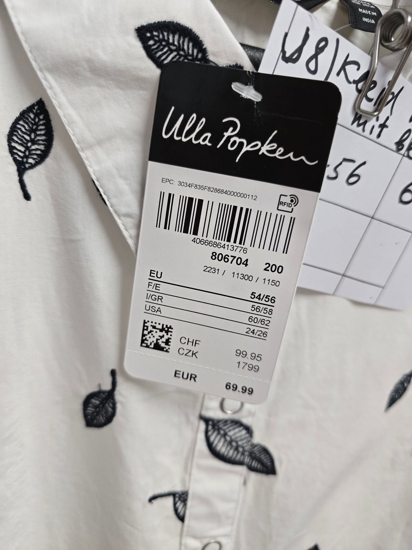 (U8) ULLA POPKEN Hemd Kleid weiß gestickte Blätter 806704