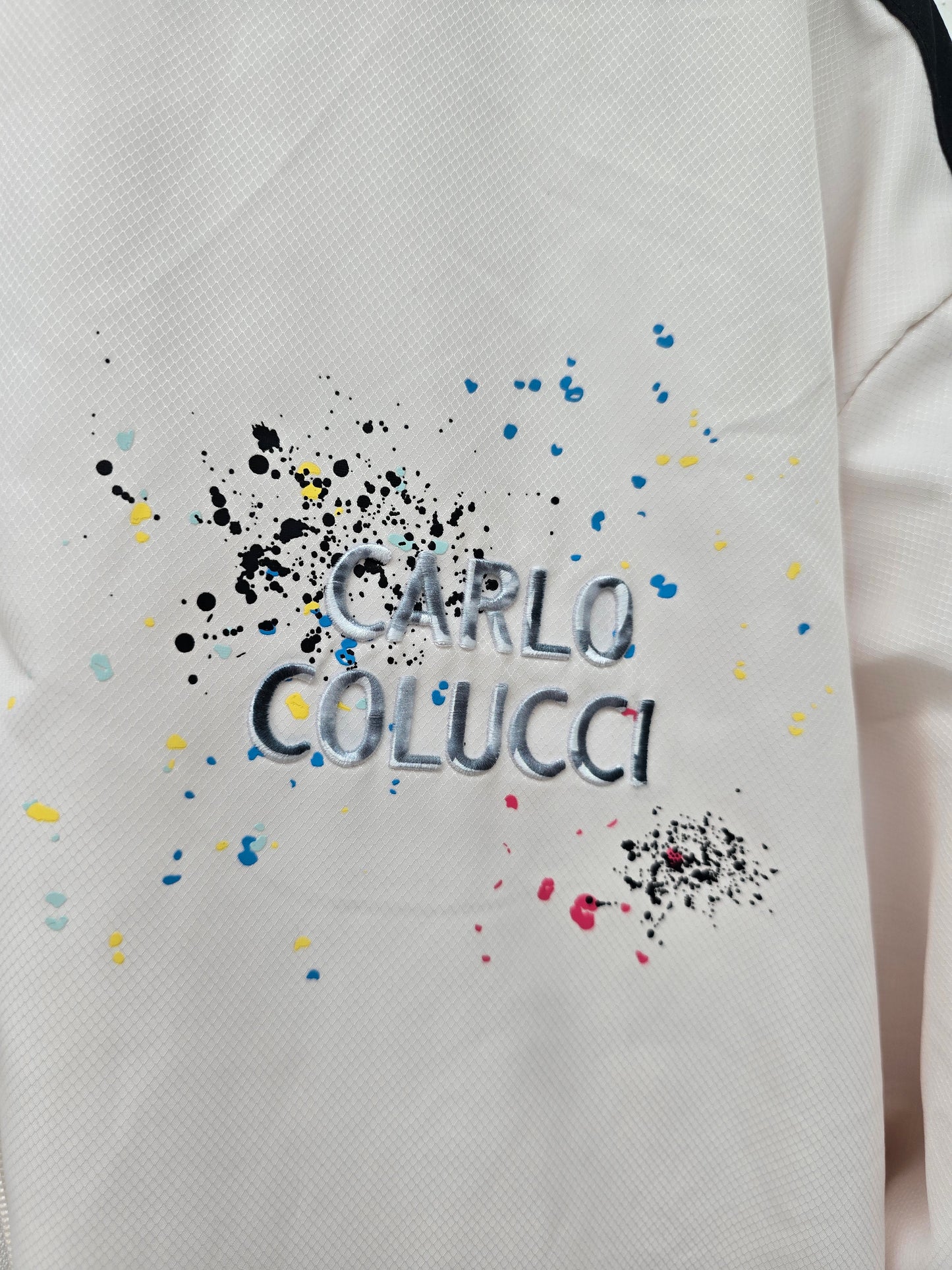 (87) Carlo Colucci Sport Anzug Jogging Anzug Zwei Teiler weiß schwarz Farbspritzer Sommer dünn