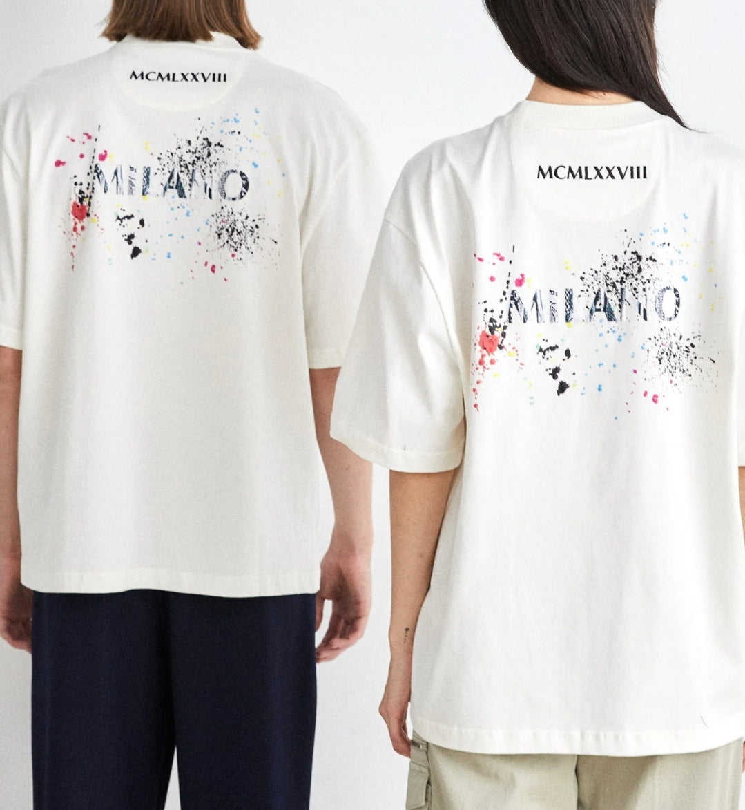 (38) Carlo Colucci T Shirt weiß farbspritzer unisex oversize