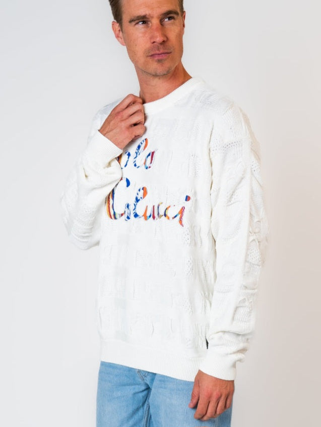 Carlo Colucci 3d Strick Pullover Schrift bunt LIMITED EDITION WEIß