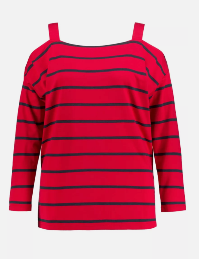 (U33) Ulla Popken Langarmshirt schulterfrei Rot/schwarz