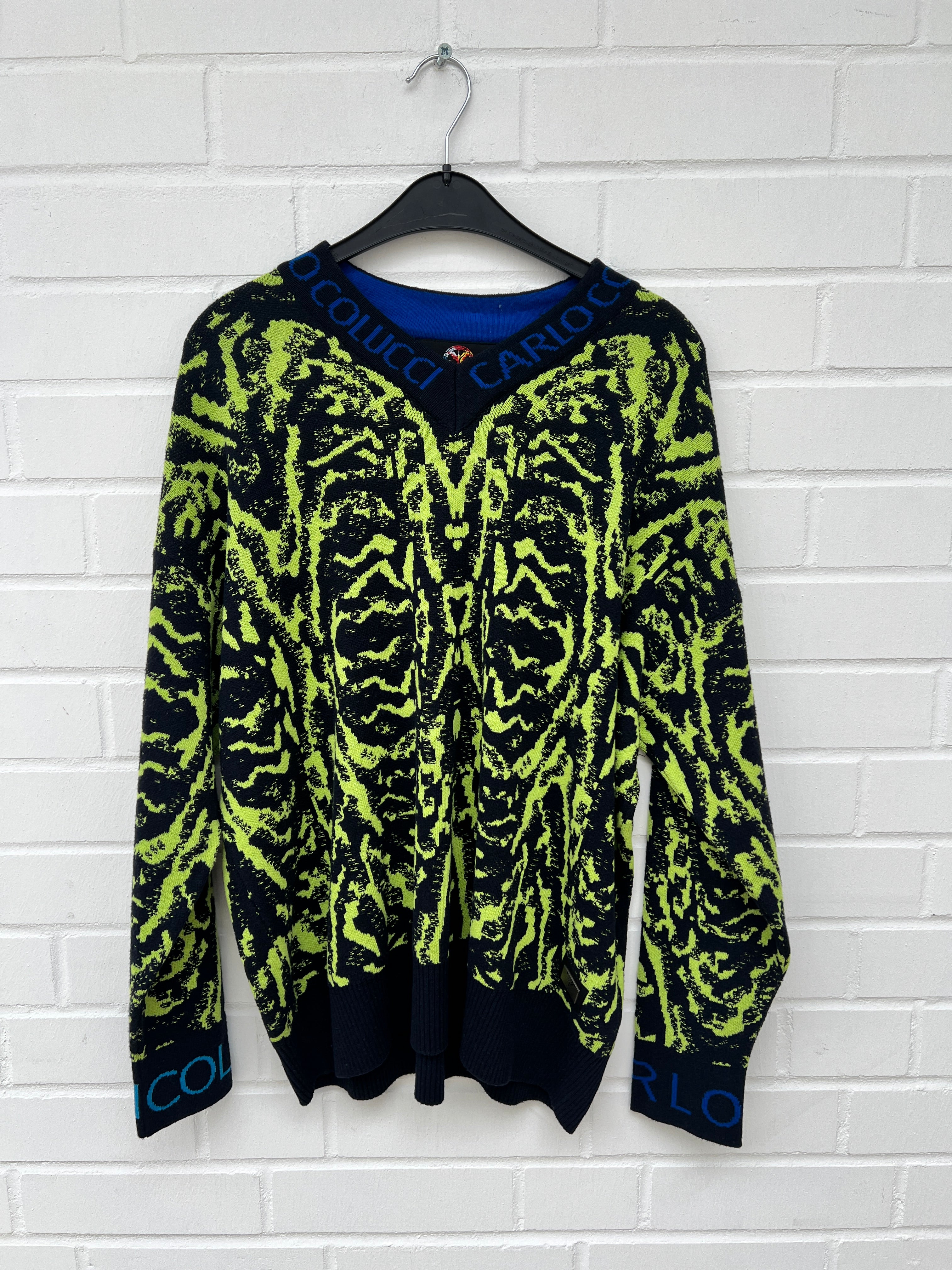 (Stange4) Carlo Colucci Pullover neongelb schwarz muster