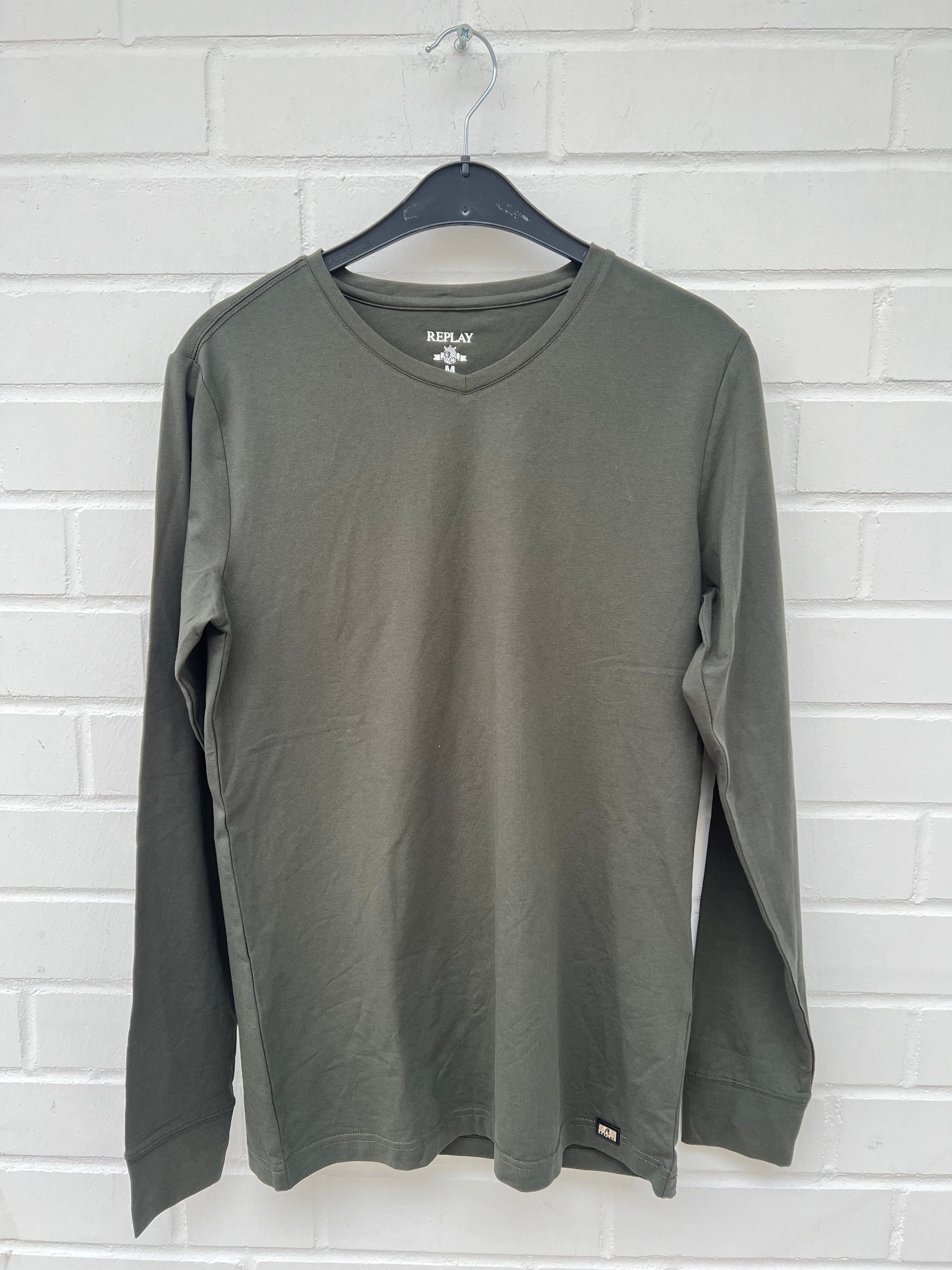 REPLAY Long Sleeve V-Neck Shirt khaki 100% Cotton GrM