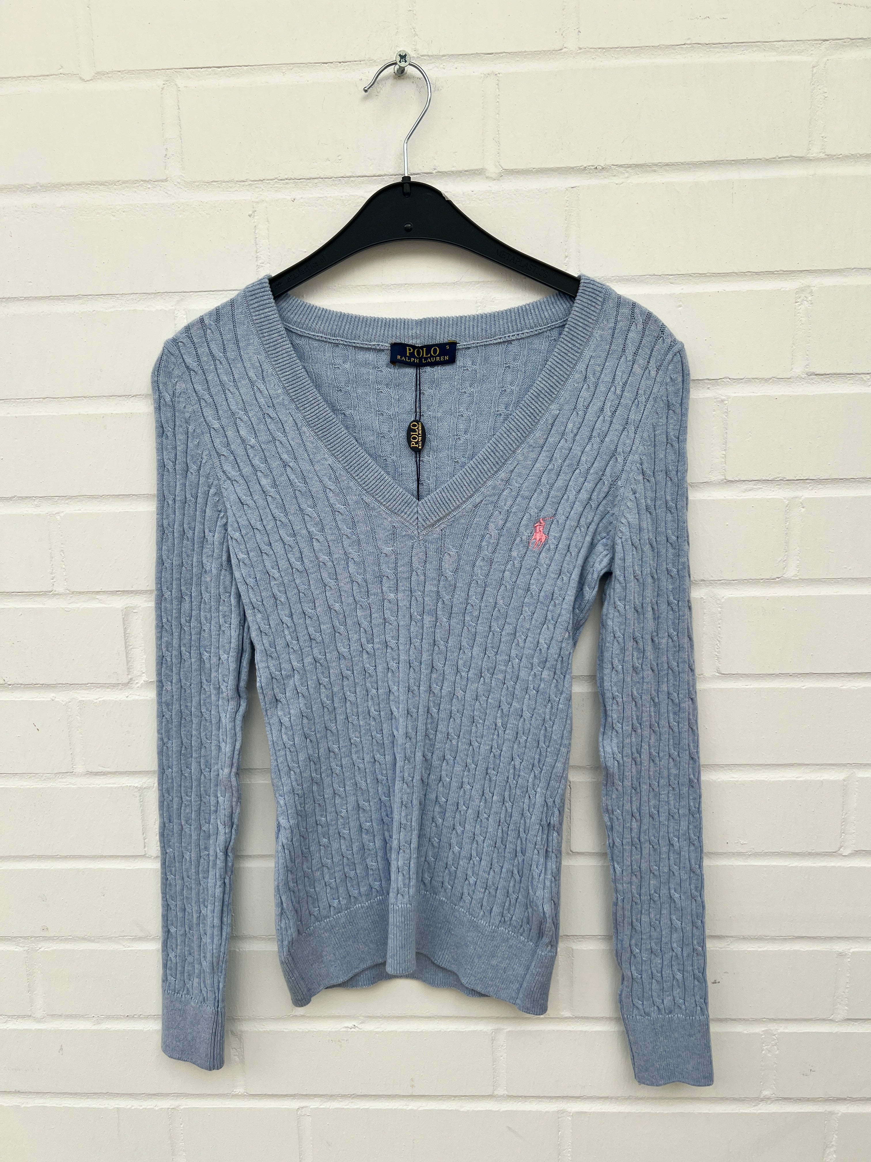 (99) DAMEN POLO Ralph Lauren Strickpullover V Ausschnitt hellblau rosa