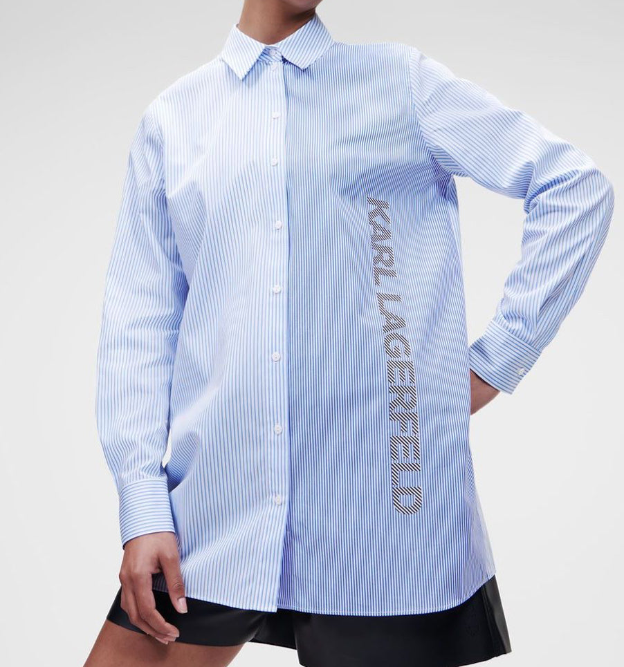 KARL LAGERFELD Stripe Poplin Shirt Hemd gestreift mit Logo 100% Cotton blau weiß