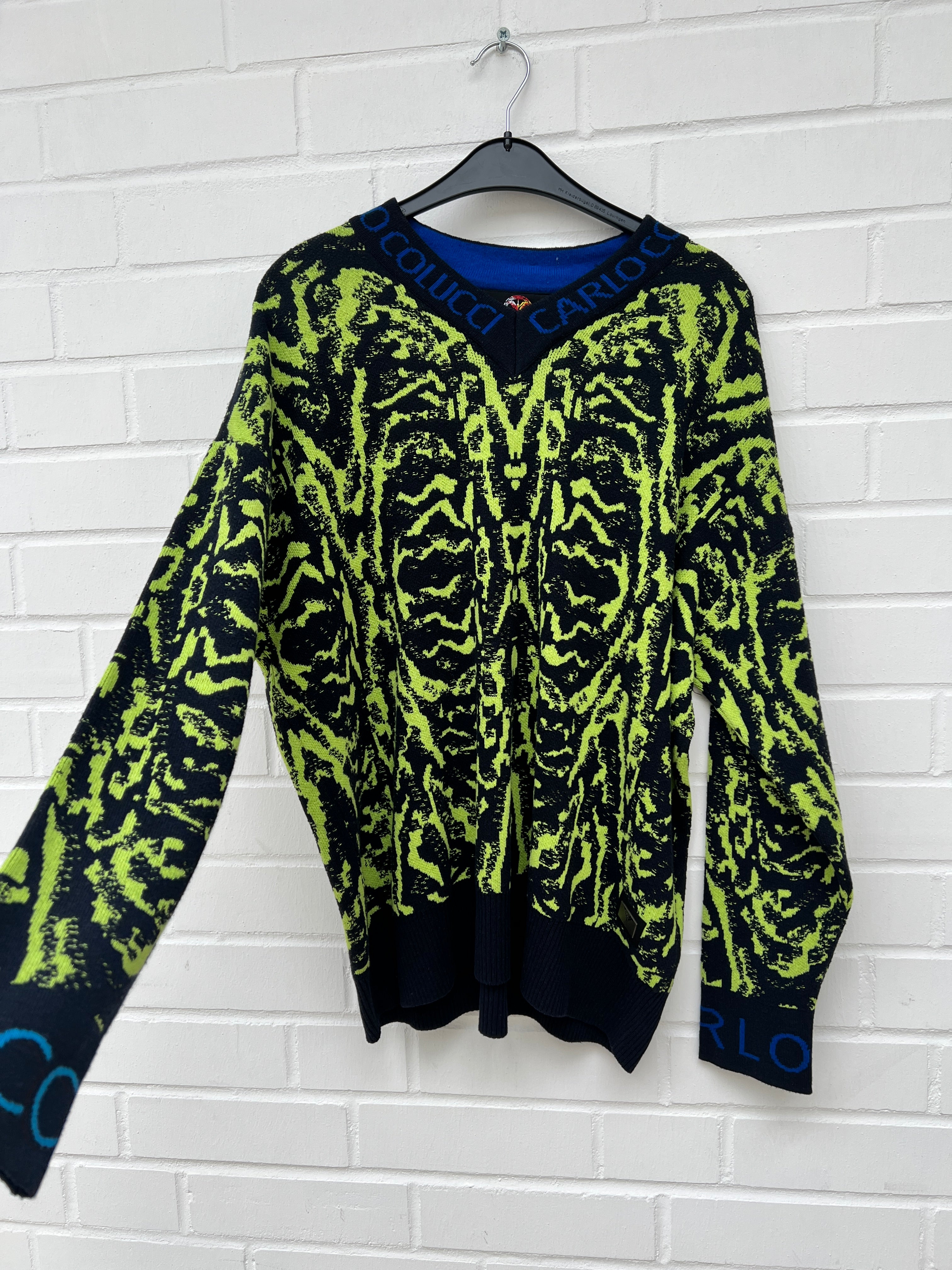 (Stange4) Carlo Colucci Pullover neongelb schwarz muster