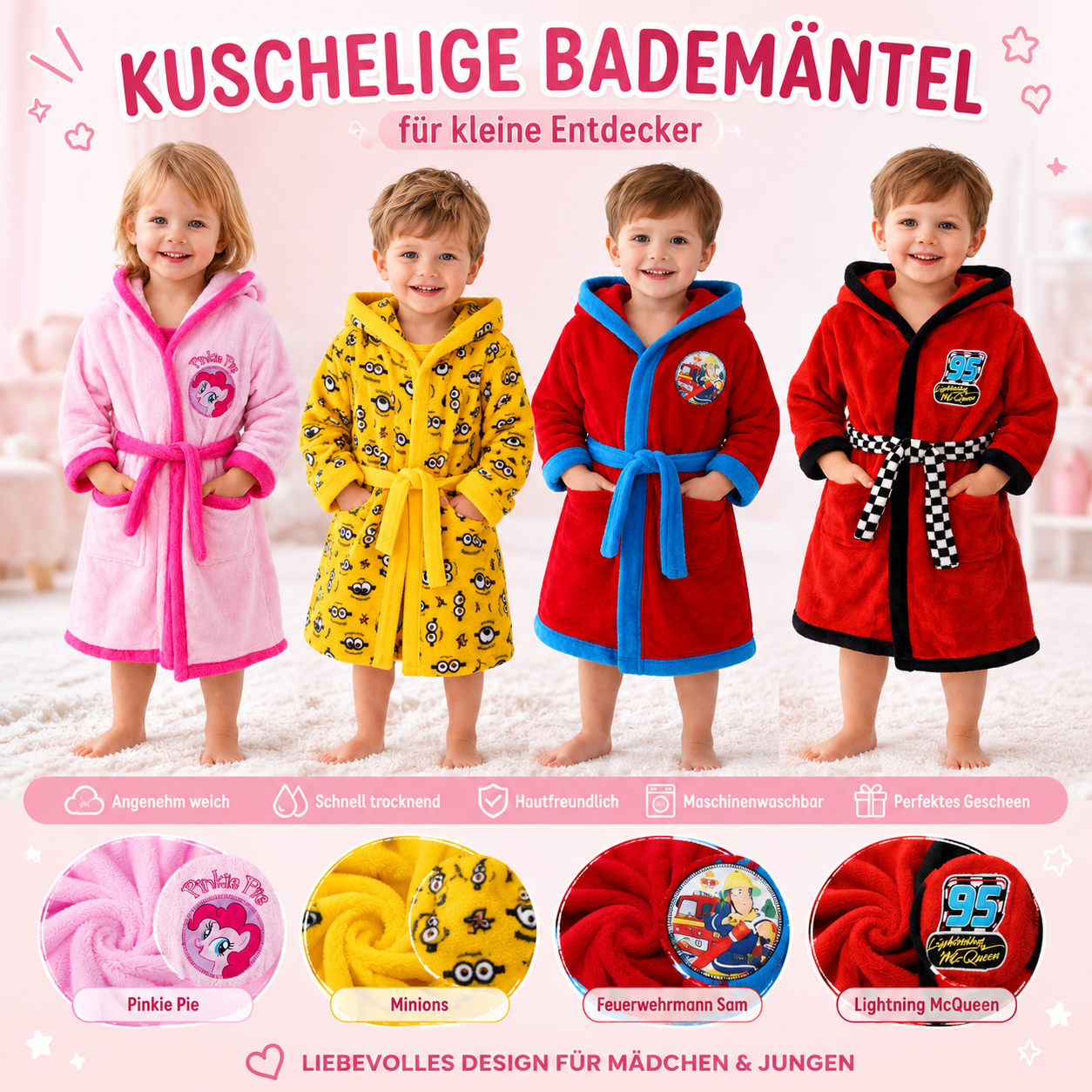 Kinder Bademantel Kuschelbademantel Minions, My little Pony, Feuerwehrmann Sam, Cars, Paw Patrol pink gelb rot blau