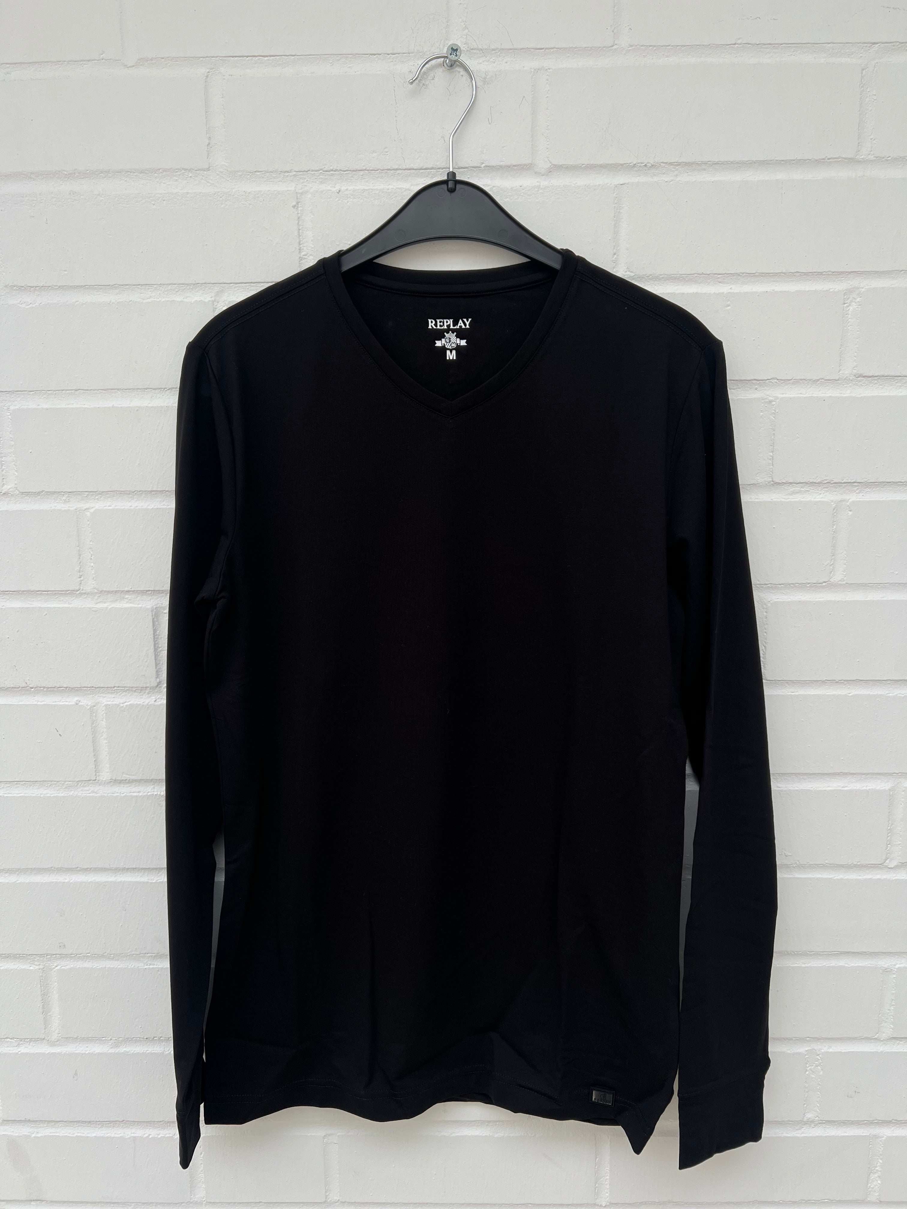 REPLAY Long Sleeve V-Neck Shirt black 100% Cotton GrM