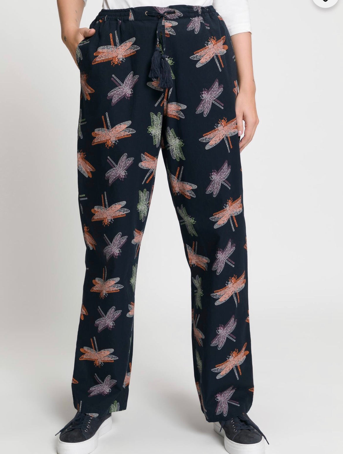 (U12) Ulla Popken Hose schwarz Libelle Muster 807189 130