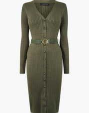 GUESS Essential Long Sleeve Kleid mit Gürtel Waldgrün GrL