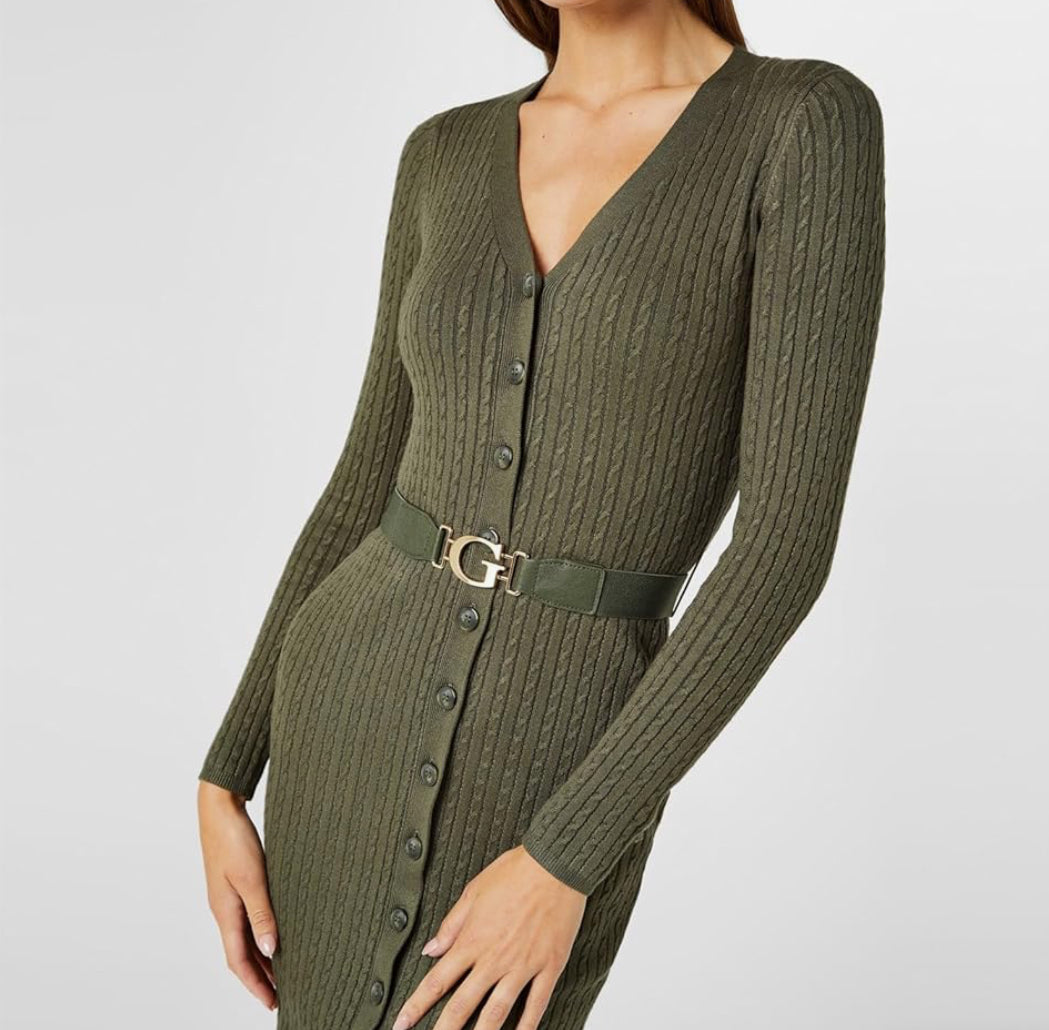 GUESS Essential Long Sleeve Kleid mit Gürtel Waldgrün GrL