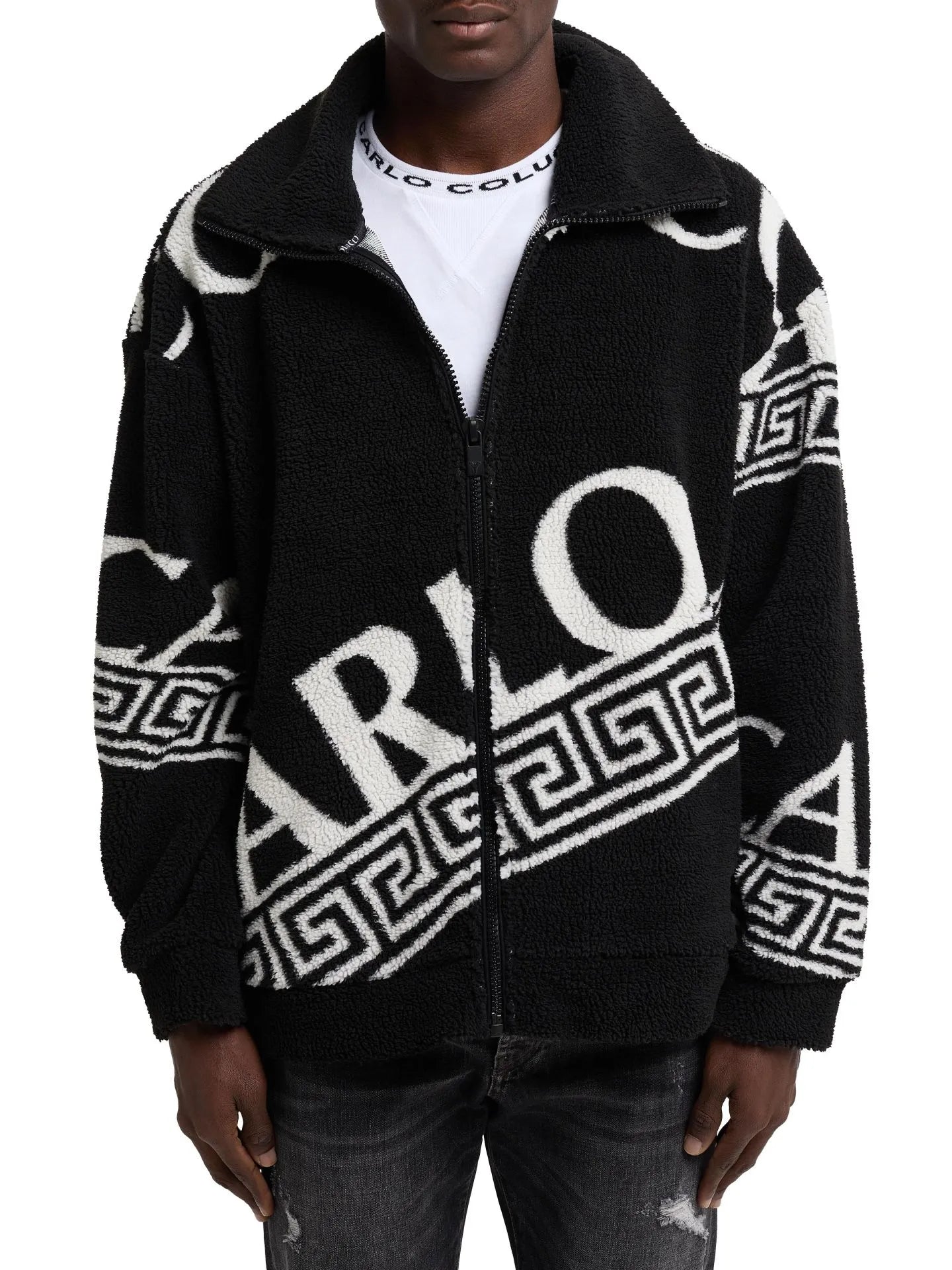 Carlo Colucci Oversize Teddyjacke schwarz creme logo