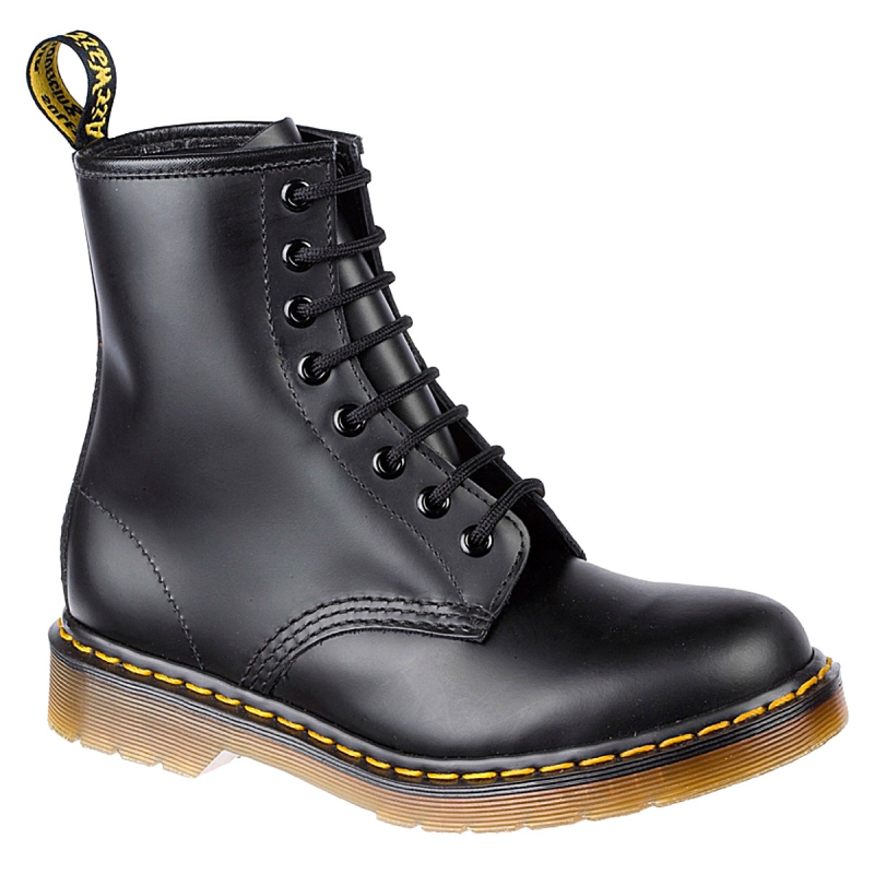DR.MARTENS 1460 black smooth boot yellow stitches Stiefel schwarz