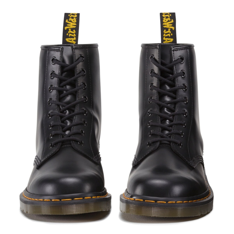 DR.MARTENS 1460 black smooth boot yellow stitches Stiefel schwarz