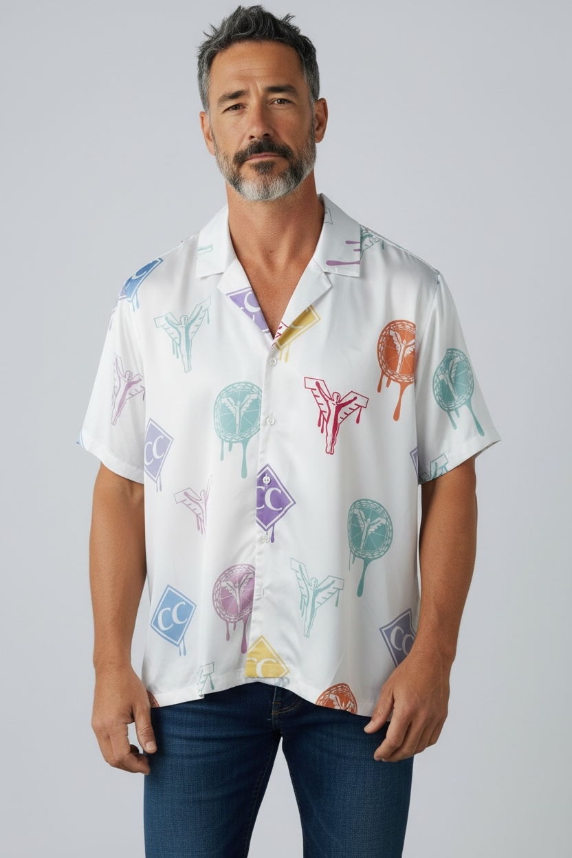 Carlo Colucci Satin Hemd weiß bunt -83-