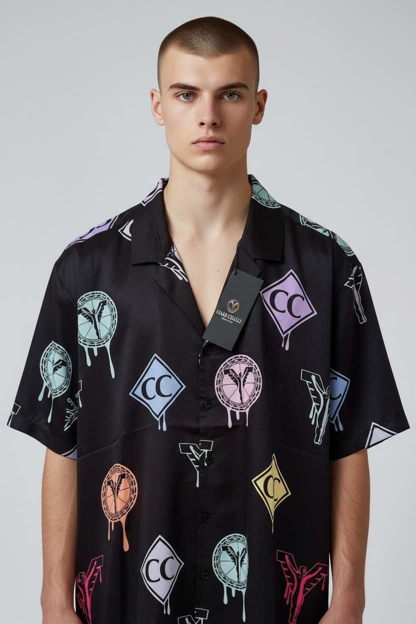 Carlo Colucci Satin Hemd schwarz bunt -98-