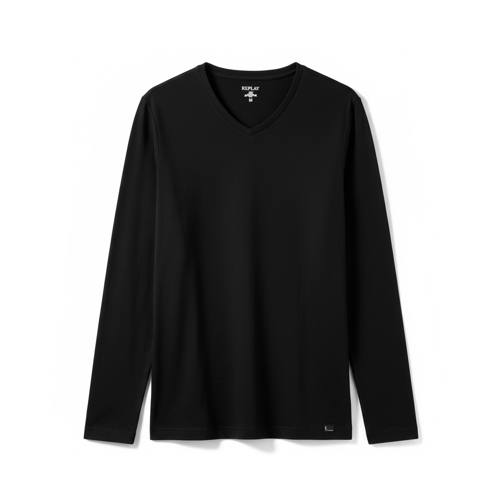 REPLAY Long Sleeve V-Neck Shirt black 100% Cotton GrM