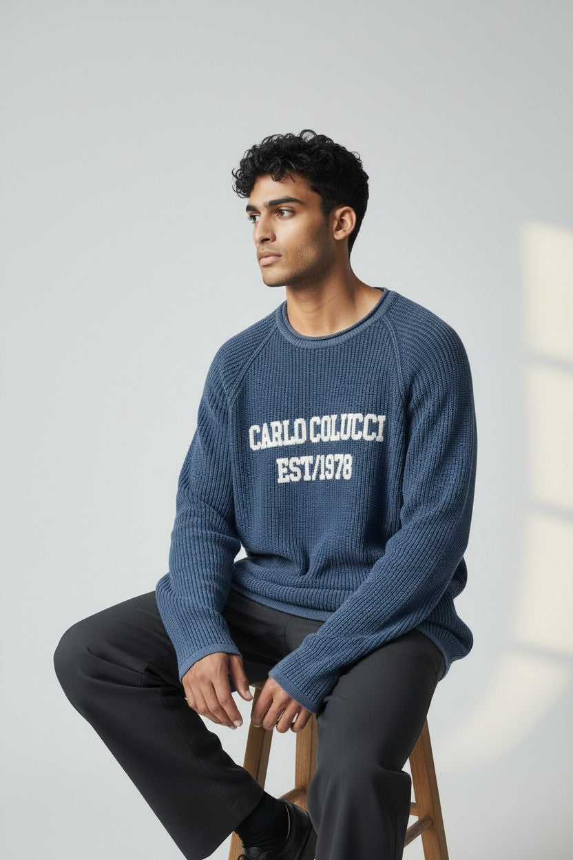 Carlo Colucci Strickpullover dunkelblau weiß (34)