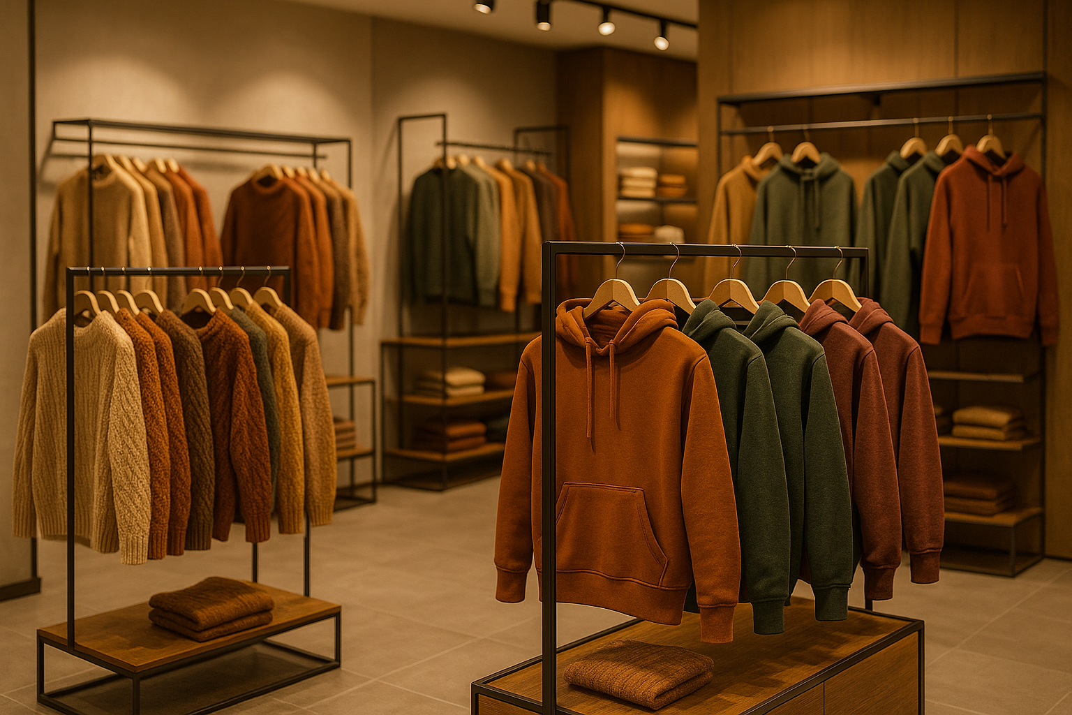 Herbst Mode im Laden Hoodies und strickpullover für Herren hängen in einem Laden modern warm 