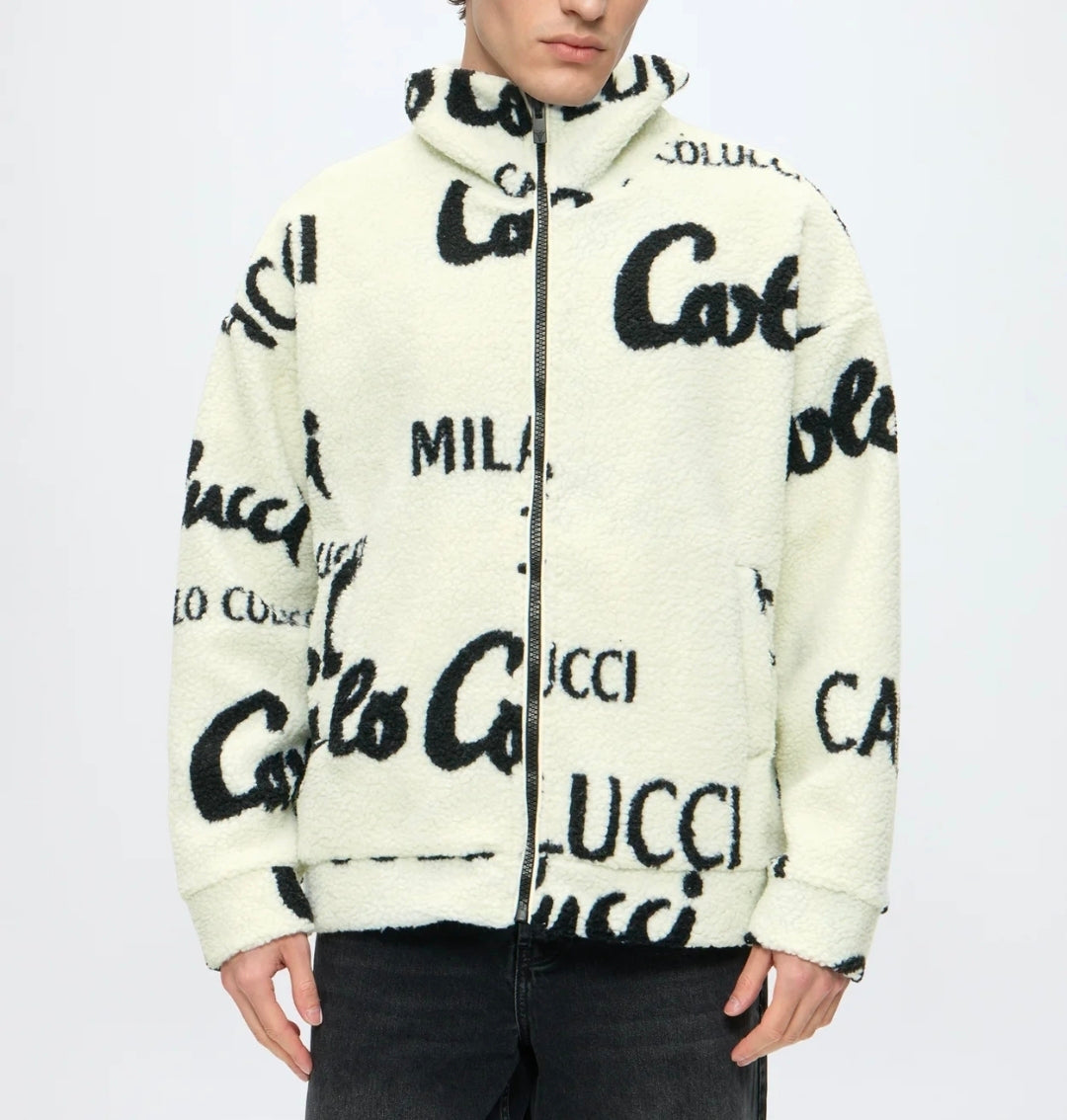 Carlo Colucci Teddyjacke schwarz cremeweiß Jacke Reißverschluss Schrift