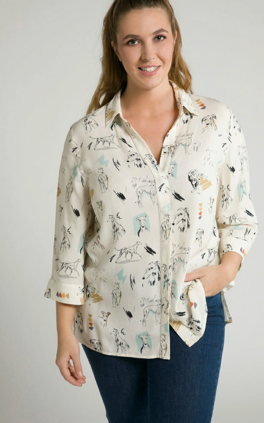 (U9) Ulla Popken Bluse Off White Hundemuster 805907 200