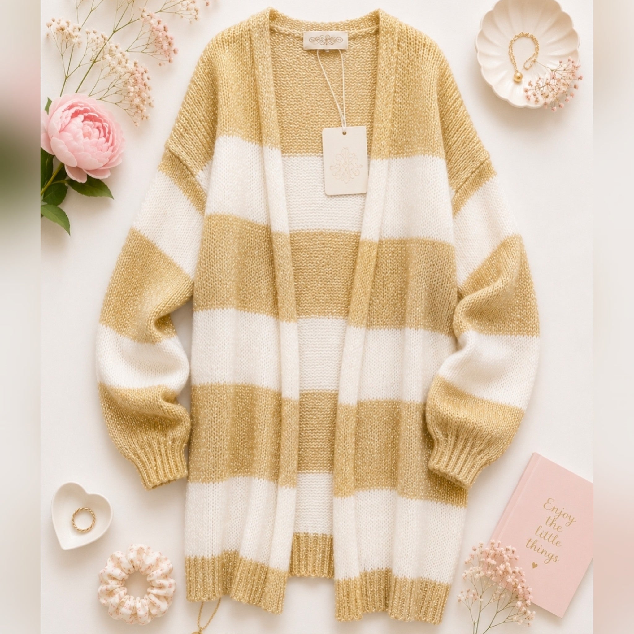 Cardigan lang weiß gold gestreift