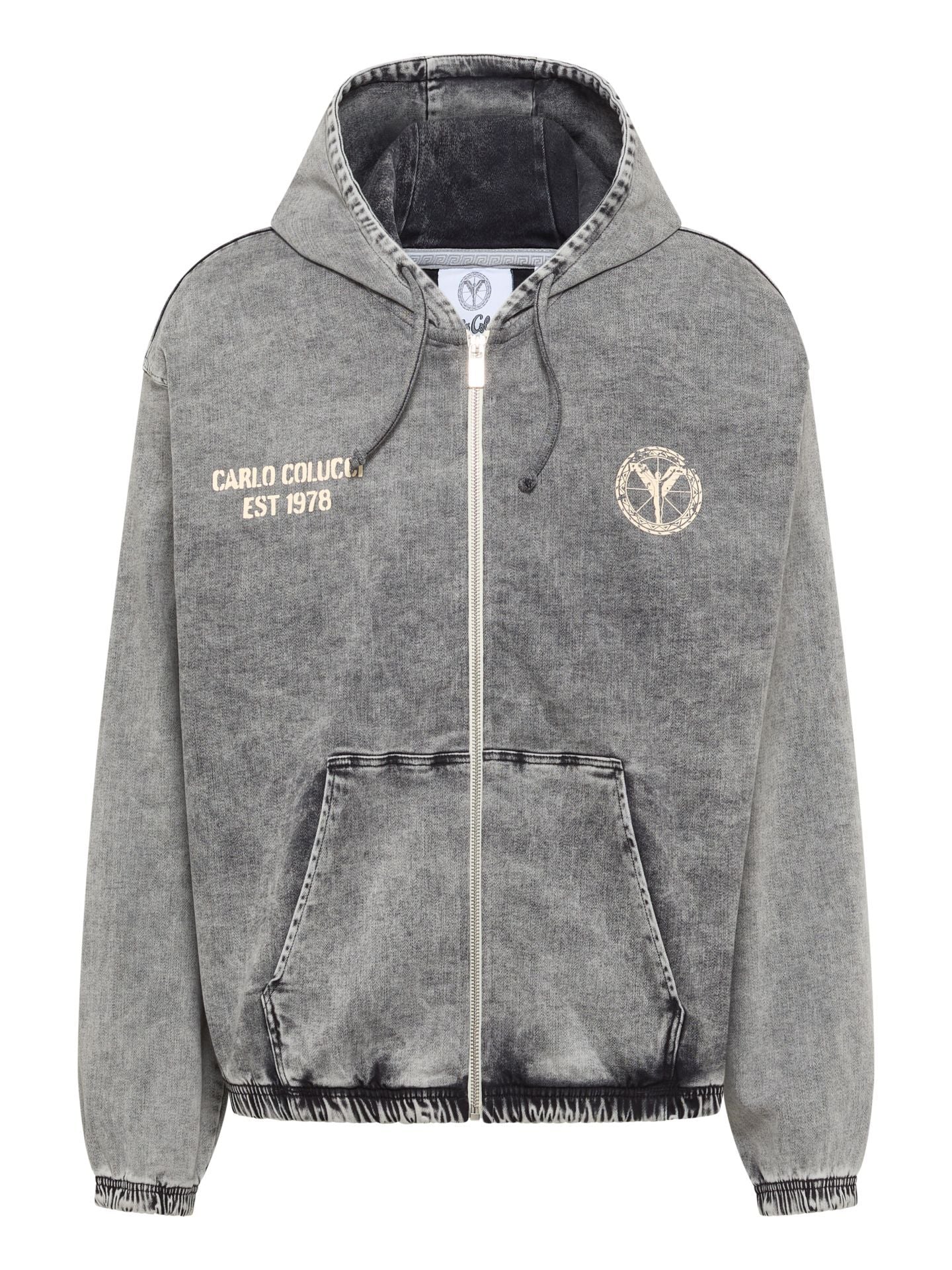 Original Carlo Colucci Jeans Optik Jacke Reißverschluss Schrift blau grau