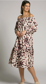 (U27) Ulla Popken Kleid Beige/schwarz/Pink schulterfrei 804357 150