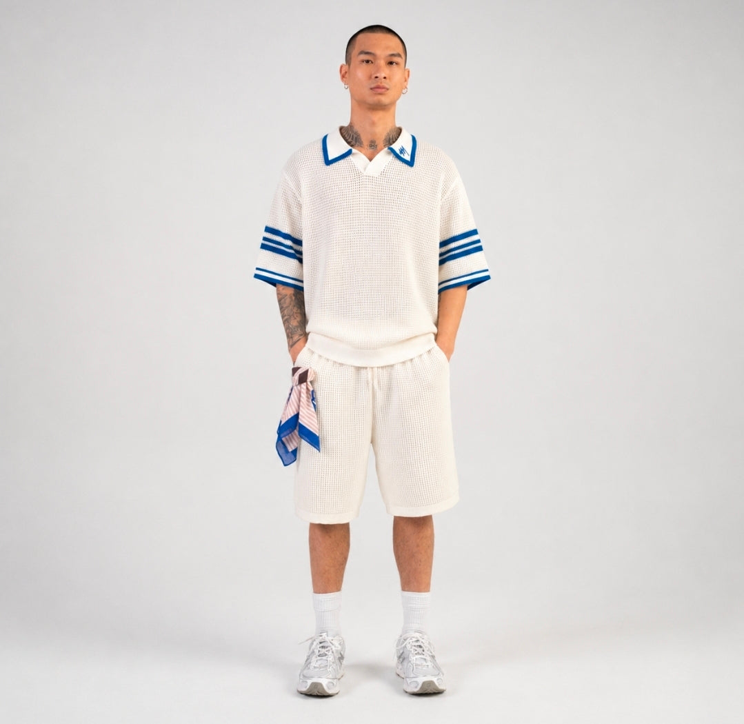 Alessandro Magno Set Anzug Sommer Knitted Polo Short  creme blau  CH. 7