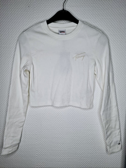 (32) Tommy Hilfiger Langarmshirt Damen weiß crop kurz