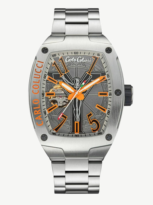 Nr18 Carlo Colucci Armbanduhr Metall Armband Silber Orange Automatik + 2 Jahre Herstellergarantie