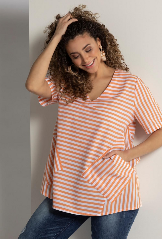 (U24) Ulla Popken Bluse Orange/weiß gestreift 794054 650