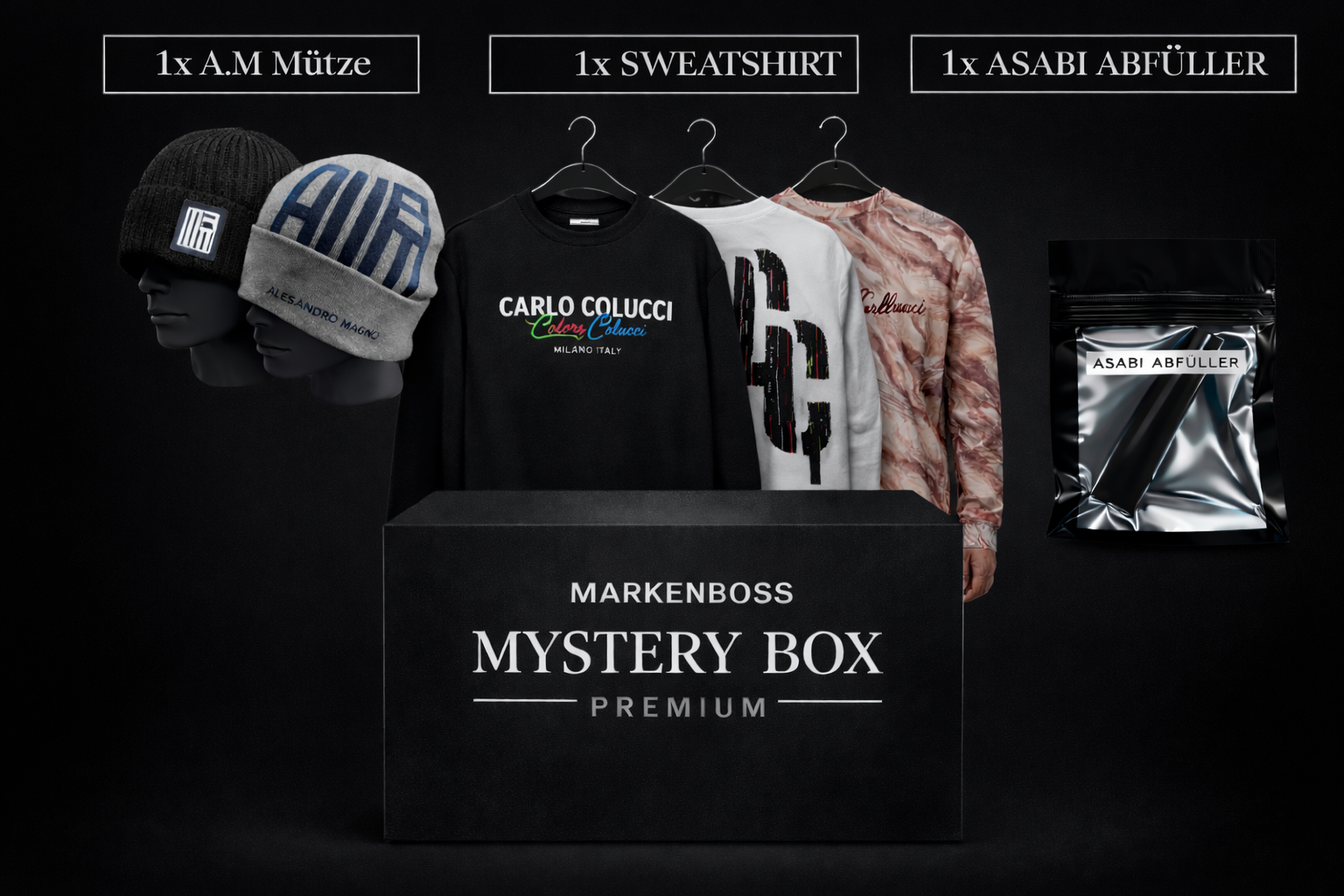 Mystery Premium Box 1x Carlo Colucci Sweatshirt Pullover + 1x A.M Mütze + 1x Asabi Abfüller (Wert ca. 190€-290€)