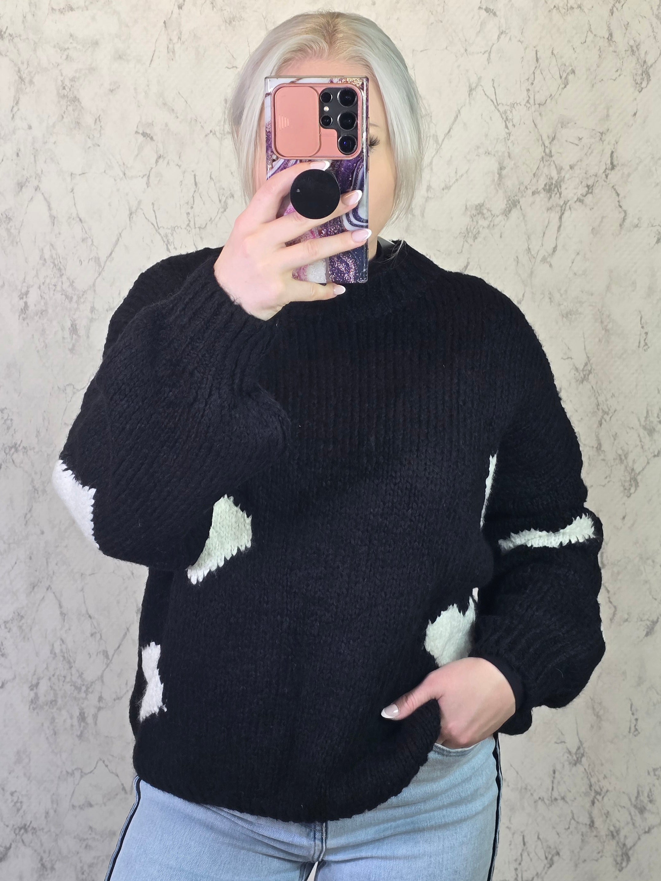 Herz Pullover schwarz Kuschelpullover dick