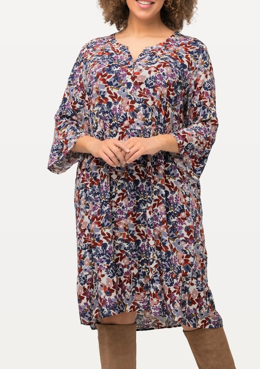 (U2) ULLA POPKEN Kleid blau weiß Blumenmuster 810373 200