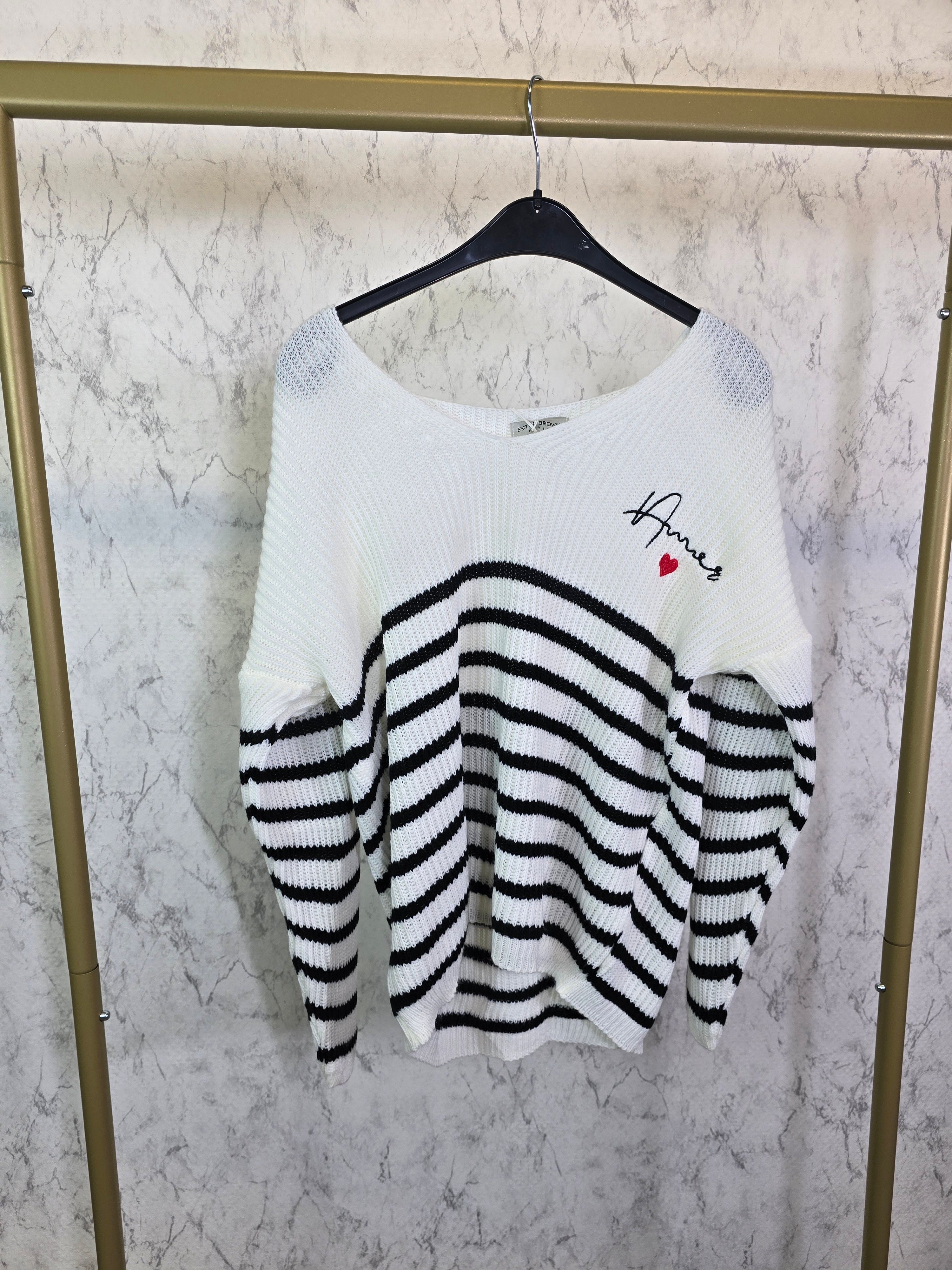 Strick Pullover weiß schwarz gestreift "Amore"