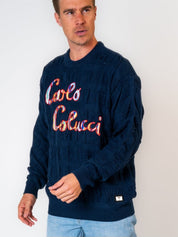 Carlo Colucci 3d Strick Pullover navyblau Schrift bunt LIMITED EDITION