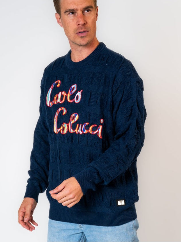 Carlo Colucci 3d Strick Pullover navyblau Schrift bunt LIMITED EDITION