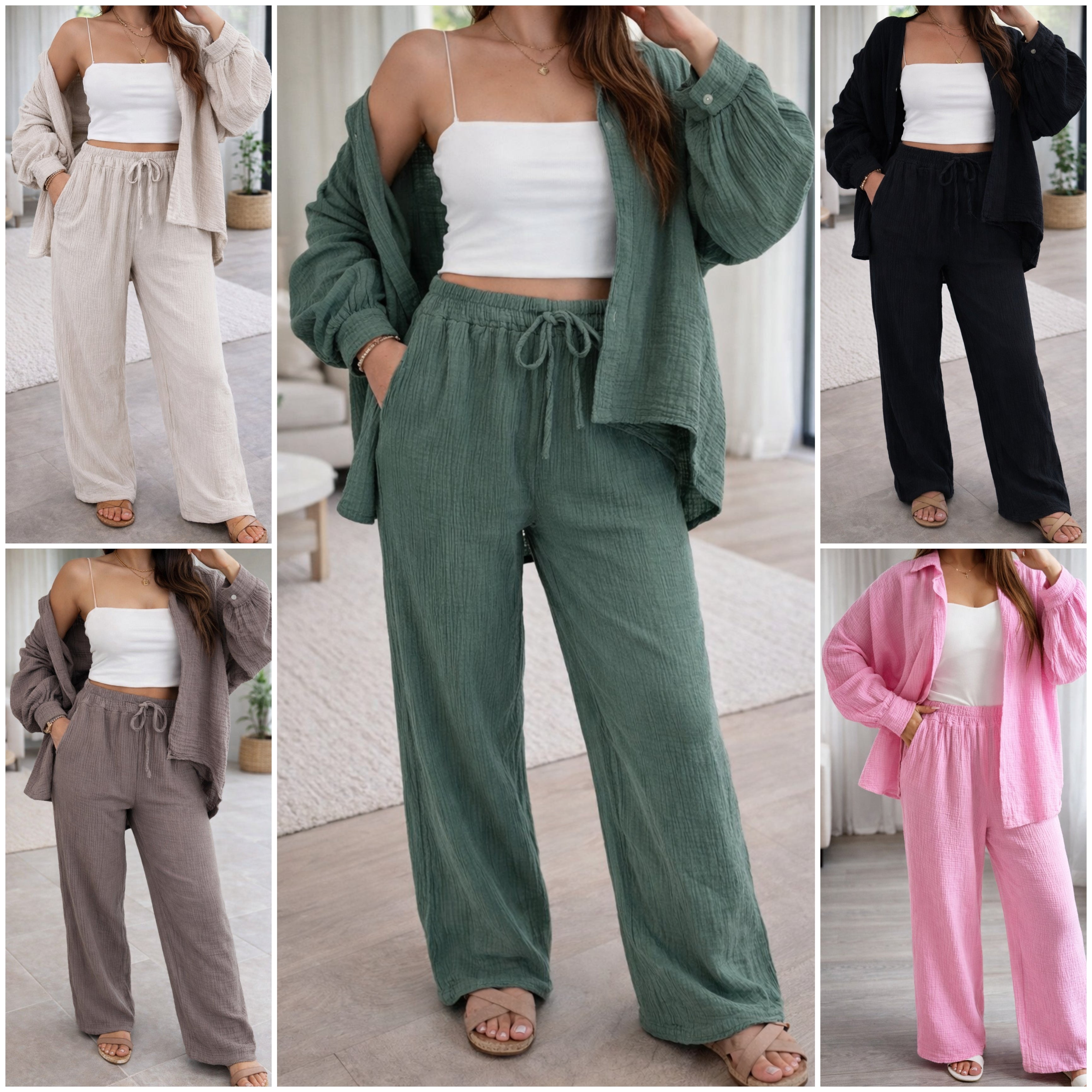 Musselin 100% Baumwolle Zweiteiler Hemd Hose Rosa, Khaki, Grau, schwarz, creme