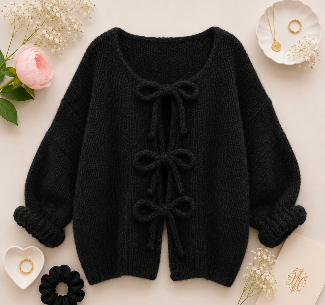 Cardigan pullover schwarz mit Schleifen