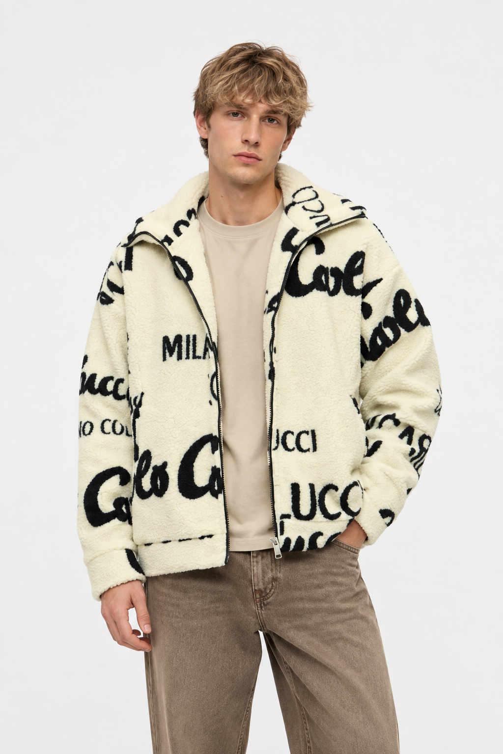 Carlo Colucci Teddyjacke schwarz cremeweiß beige rosa hell blau  Jacke Reißverschluss Schrift
