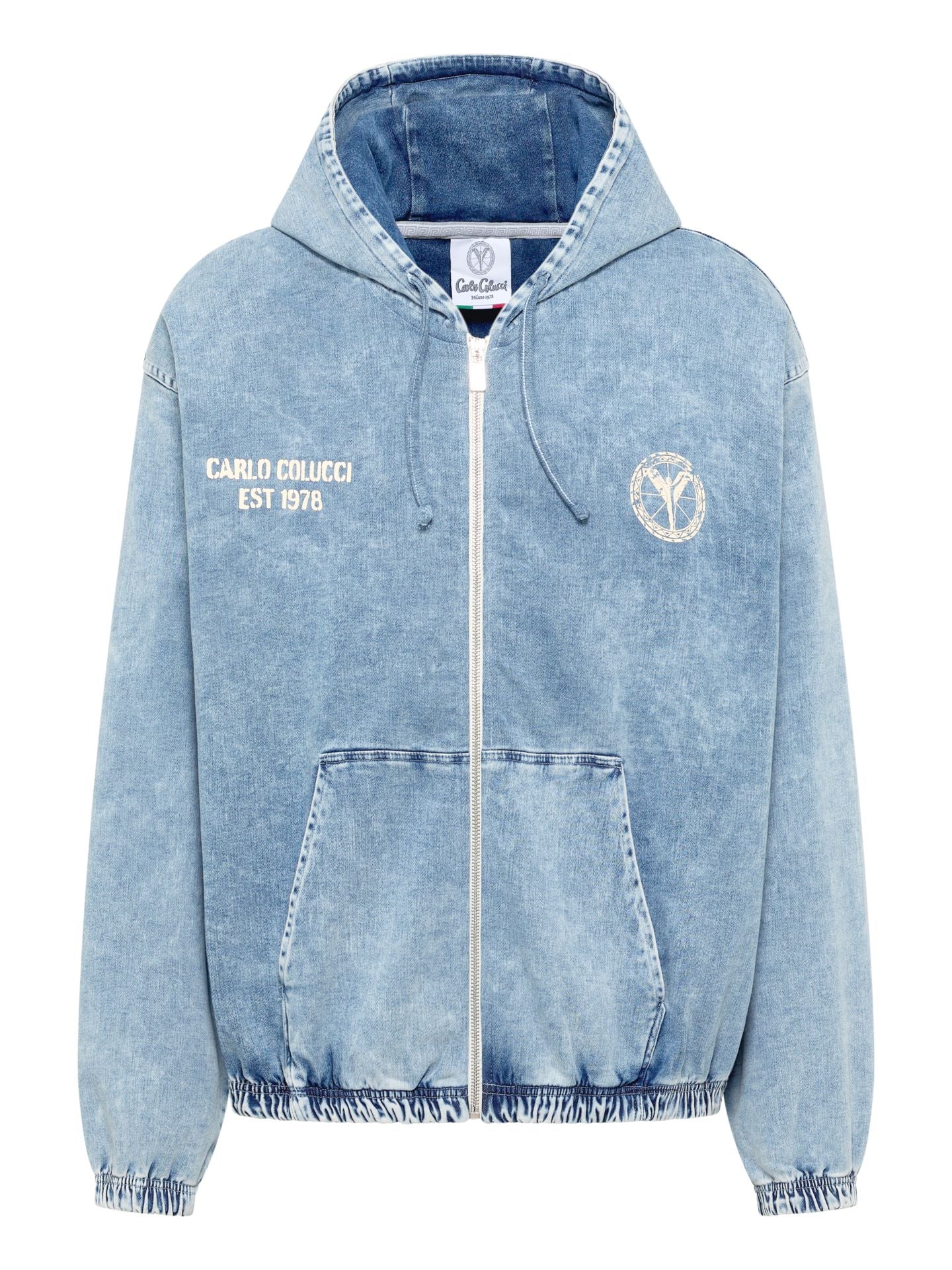 Original Carlo Colucci Jeans Optik Jacke Reißverschluss Schrift blau grau