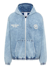 Original Carlo Colucci Jeans Optik Jacke Reißverschluss Schrift blau grau