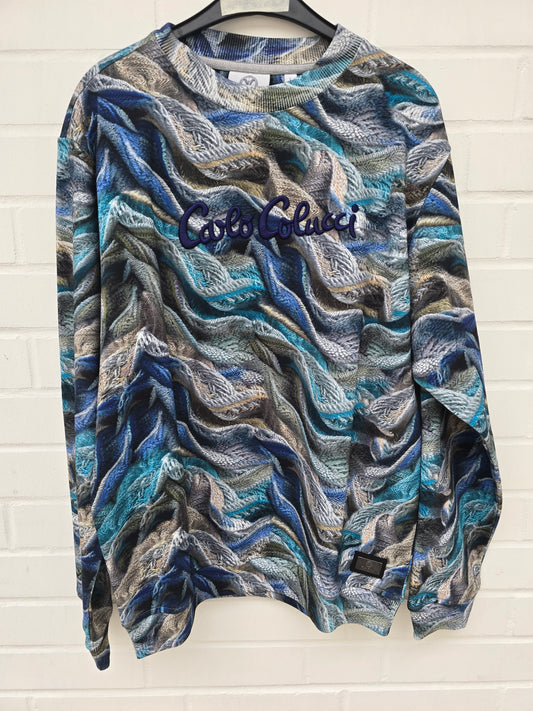 (Stange1) Carlo Colucci Sweatshirt Pullover blau 3d muster Gr L-XL