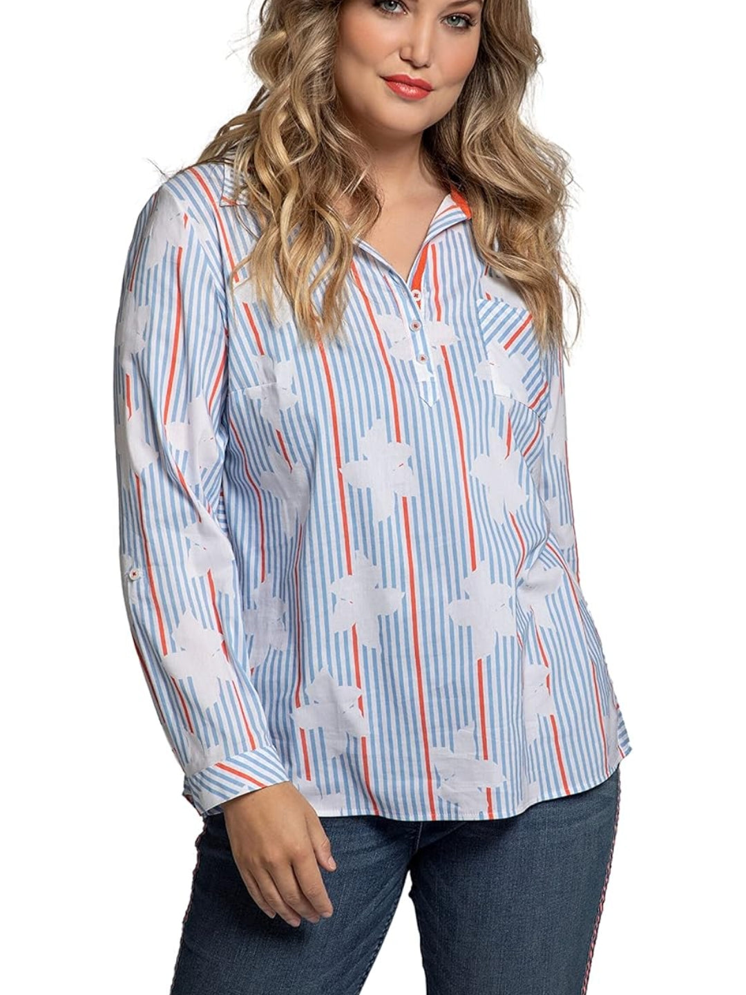ULLA POPKEN Bluse hellblau orange gestreift weiße Blumen 781505 700 (U31)